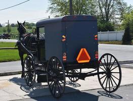 amish buggy puxado a cavalo estacionado em uma loja foto