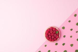 fundo de verão criativo feito de frutas frescas e hortelã em rosa. postura plana, copie o espaço. foto