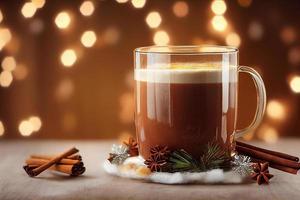Ilustração 3D de café com leite quente fumegante em caneca de vidro sobre fundo de madeira, paus de canela, clima de natal foto