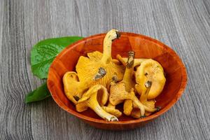 chanterelle em uma tigela com fundo de madeira foto