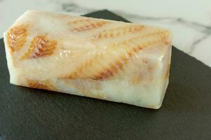 filé de peixe pangasius congelado na placa de pedra pronto para cozinhar. foto