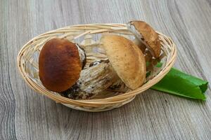 cogumelos selvagens em uma cesta em fundo de madeira foto