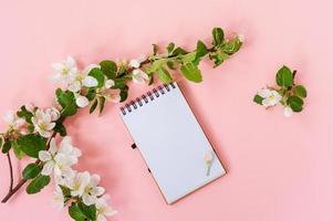 configuração plana criativa do quadro de bloco de notas espiral em branco simulado e pétalas de flores de macieira em fundo rosa pastel com espaço de cópia em estilo minimalista, modelo para letras, texto ou seu design foto