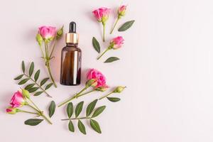óleo cosmético, óleo essencial ou soro de autocuidado em garrafa em um fundo roxo com flores frescas. cosméticos naturais. foto