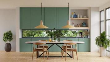 design de interiores de sala de cozinha moderna aconchegante com parede verde escura. renderização de ilustração 3D foto
