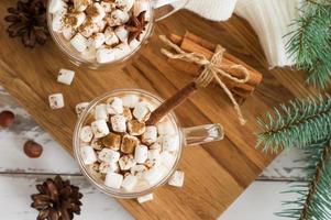 vista superior da bebida de chocolate com marshmallows, paus de canela, cones e ramos de abeto. o conceito de férias aconchegantes de natal e ano novo. foto