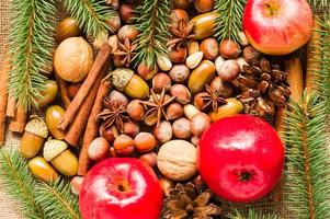 ano novo e fundo de natal de ingredientes naturais orgânicos - nozes, maçãs, anis, paus de canela. o conceito de feriados de ano novo. foto