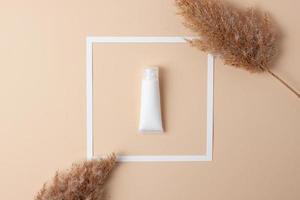 tubo branco de creme cosmético com moldura branca e pampas em fundo bege pastel. postura plana foto