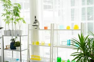 laboratório de pesquisa de plantas moderno com microscópio e tubos de ensaio. laboratório científico centro de desenvolvimento de biotecnologia sala de aula para aprendizado de biologia. foto