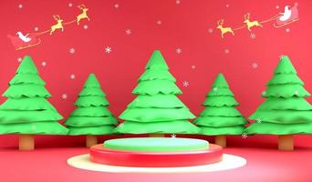 pódio de renderização 3d e árvore de natal em fundo vermelho, floco de neve de ilustração 3d e pano de fundo trenó de papai noel foto