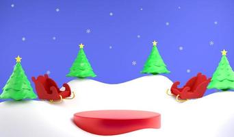 pódio de renderização 3d e trenó e árvore de natal no chão de neve, ilustração 3d natal e conceito de ano novo foto