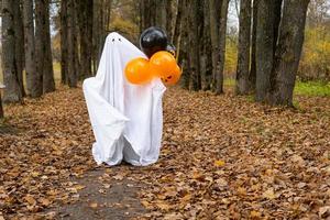 uma criança em lençóis com recorte para os olhos como uma fantasia de fantasma em uma floresta de outono assusta e aterroriza. um tipo de fantasma engraçado. festa de Halloween foto