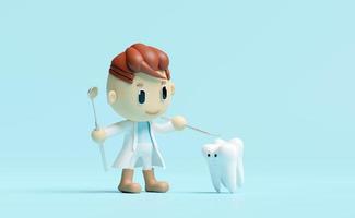 Dentista de personagem de desenho animado em miniatura 3D com espelho de dentista, verificação de cáries, exame odontológico do dentista, saúde dos dentes brancos, cuidados bucais 3d render, isolado em fundo azul foto