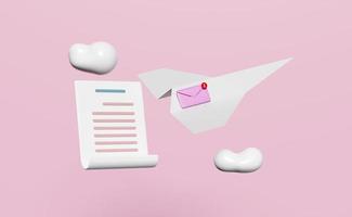 Avião de papel 3d com envelope fechado voador, asas, nuvem, papel de lista de verificação branca da prancheta isolado no fundo rosa. notificar boletim informativo, conceito de e-mail recebido on-line, ilustração de renderização 3d foto
