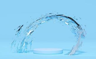 3D abstrato, respingos de água transparentes com pódio de palco vazio, pedestal de vitrine cosmética geométrica isolado em fundo azul. cena moderna mínima, ilustração de renderização 3d foto