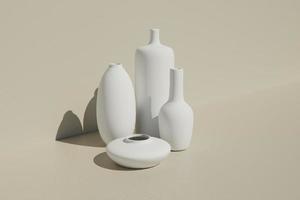 decoração de vasos de cerâmica branca na renderização 3d do sol. foto