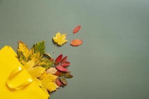 conceito de compras e vendas de outono. composição de folhas caídas de outono e uma sacola de compras em um fundo verde foto