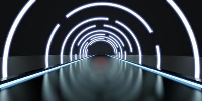 corredor de túnel abstrato com raios de luz e novos destaques cena de néon de fundo abstrato com raios e linhas arco redondo luz em movimento noite ilustração 3d foto