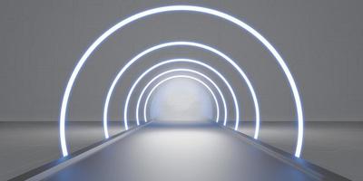 corredor de túnel abstrato com raios de luz e novos destaques cena de néon de fundo abstrato com raios e linhas arco redondo luz em movimento noite ilustração 3d foto