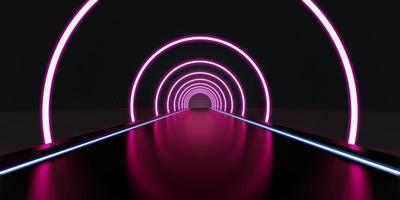 corredor de túnel abstrato com raios de luz e novos destaques cena de néon de fundo abstrato com raios e linhas arco redondo luz em movimento noite ilustração 3d foto