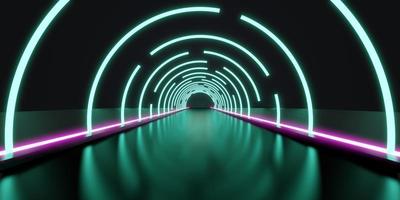corredor de túnel abstrato com raios de luz e novos destaques cena de néon de fundo abstrato com raios e linhas arco redondo luz em movimento noite ilustração 3d foto