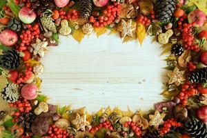 quadro de folhas de outono coloridas, cogumelos, roseira brava, sorva, maçãs, nozes, cones e biscoitos no fundo de madeira. fundo de queda. foto