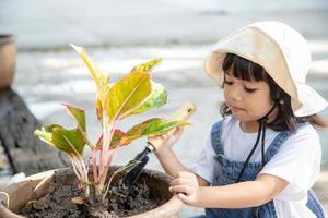 menina asiática bonitinha plantando a árvore no pote com momento de felicidade, o conceito de atividade de aprendizagem, educação em casa e habilidades básicas de vida para o desenvolvimento infantil. foto