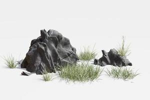 rochas e grama de aparência realista, criadas com renderização 3d em um fundo branco. foto