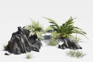 rochas e grama de aparência realista, criadas com renderização 3d em um fundo branco. foto