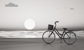 a silhueta de uma bicicleta preta na praia com o pôr do sol refletindo sobre o estilo de vida da água de relaxamento de cor monocromática no verão ou outono é usada para um plano de fundo. ilustração de renderização 3D foto