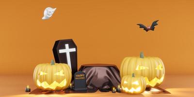 ilustração 3d de morcegos e abóboras de caixão de pódio de fundo de halloween foto