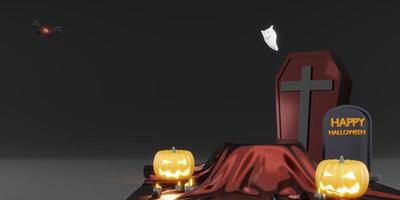 ilustração 3d de morcegos e abóboras de caixão de pódio de fundo de halloween foto