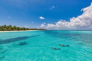 casal caucasiano de turistas mergulha na água turquesa cristalina perto da ilha das maldivas. condições climáticas perfeitas na cena da praia do resort de luxo, água do mar calma, água exótica de casal, vida selvagem subaquática foto