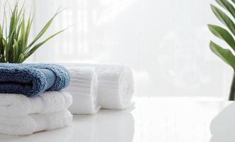toalhas e plantas domésticas limpas em uma mesa branca foto