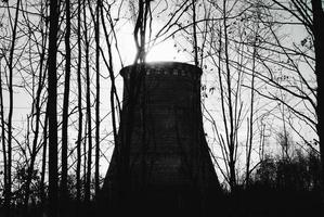 foto de alto contraste da torre de resfriamento da usina termelétrica através do bosque. fotografado contra a luz. silhuetas naturais e industriais