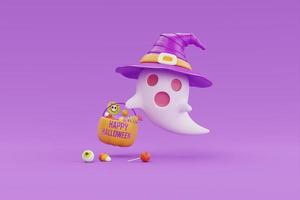 feliz dia das bruxas com fantasma fofo usando chapéu de bruxa e cesta de abóbora cheia de doces coloridos e doces em fundo roxo, renderização em 3d. foto