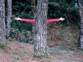 uma menina brincando de esconde-esconde na floresta foto
