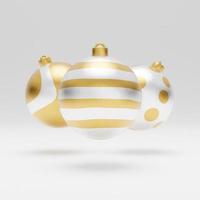 bola de natal 3d dourada de luxo caindo com padrão em fundo branco. 3d renderização feliz ano novo fundo de luxo com bola de bugiganga dourada e branca foto