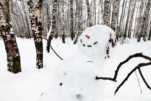 boneco de neve sorridente no bosque de bétulas no inverno foto