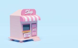 loja rosa ou frente de loja isolada em fundo azul pastel. negócios de franquia de inicialização, conceito de compras on-line, ilustração 3d ou renderização 3d foto