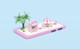 telefone celular ou smartphone com frente de loja, cadeira de praia, guarda-chuva, flamingo inflável, palma, mala isolada em fundo azul. conceito de venda de verão de compras online, ilustração 3d ou renderização 3d foto