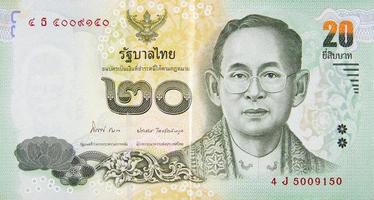 rei bhumibol adulyadej na conta de dinheiro de 20 baht tailândia close-up foto