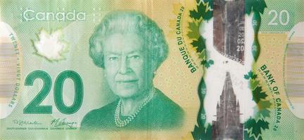 sua majestade rainha elizabeth ii retrato do canadá fragmento de cédula de polímero de 20 dólares de 2012 foto