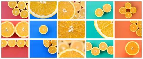 uma colagem de muitas fotos com laranjas suculentas. conjunto de imagens com frutas e cores diferentes