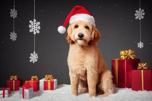 adorável cachorro goldendoodle com um chapéu de papai noel e decorações de natal, fofo foto