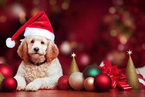 adorável cão goldendoodle com um chapéu de papai noel e decorações de natal, cena de natal fofa foto