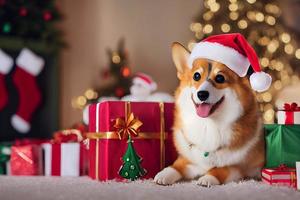 lindo cachorro corgi com chapéu de papai noel em uma sala de natal com caixas de presente. foto