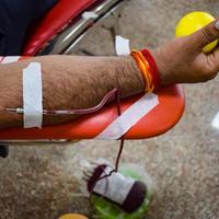 doador de sangue no campo de doação de sangue realizado com uma bola saltitante segurando na mão no templo balaji, vivek vihar, delhi, índia, imagem para o dia mundial do doador de sangue em 14 de junho de cada ano, campo de doação de sangue foto