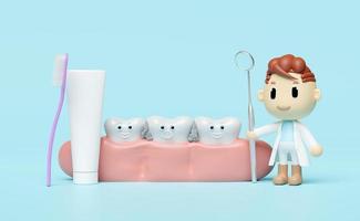 dentista de personagem de desenho animado em miniatura 3d com espelho de dentista, escova de dentes, gengivas, molar dentário, verificação de cáries, exame odontológico do dentista, saúde dos dentes brancos, cuidados bucais 3d render foto