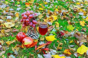 copo de vinho branco e folhas de outono contra foto